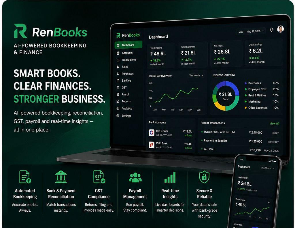 RenBooks: AI-powered bookkeeping and finance platform, showing total income, total expenses, net profit, cash flow, expense breakdown, bank accounts and recent transactions