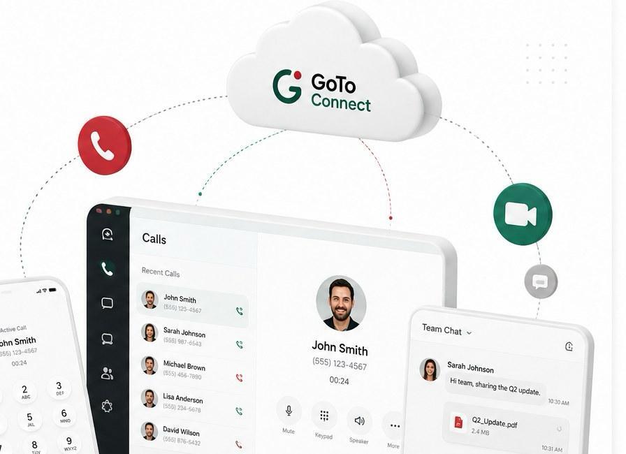 GoTo Connect cloud-based business phone system — desktop, mobile and tablet apps showing an active call, recent calls list, and team chat, unified with cloud calling, video meetings and messaging.