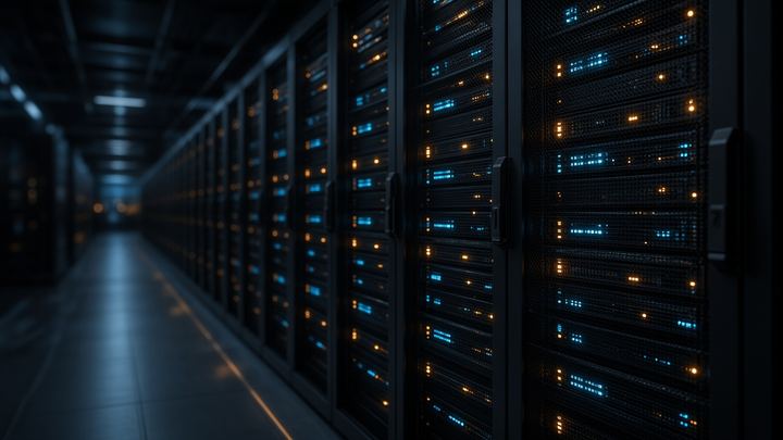 Rows of server racks in a darkened data center