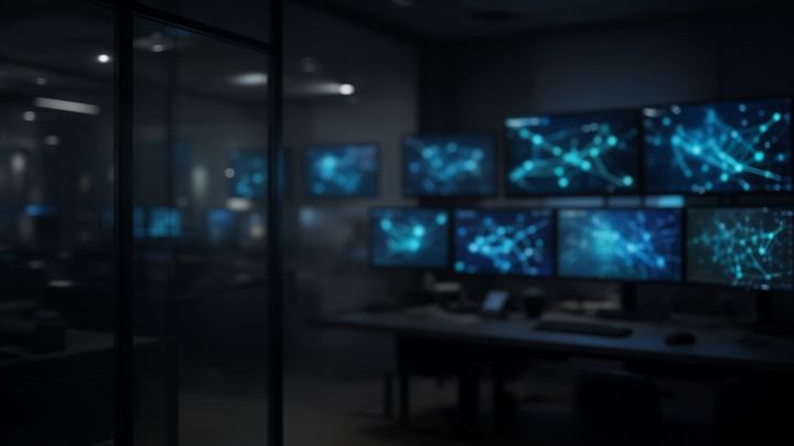Dim operations room with abstract network light