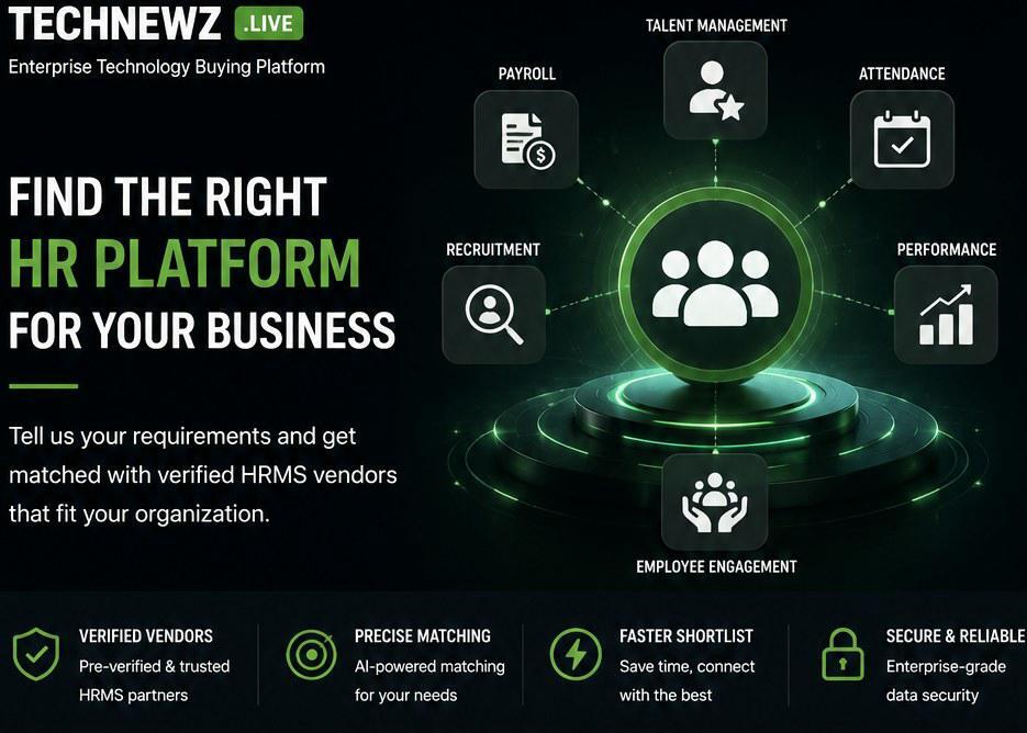 TechNewz.live HR platform matching service — find the right HR platform for your business, tell us your requirements and get matched with verified HRMS vendors that fit your organization. Verified vendors, precise matching, faster shortlist, secure and reliable.